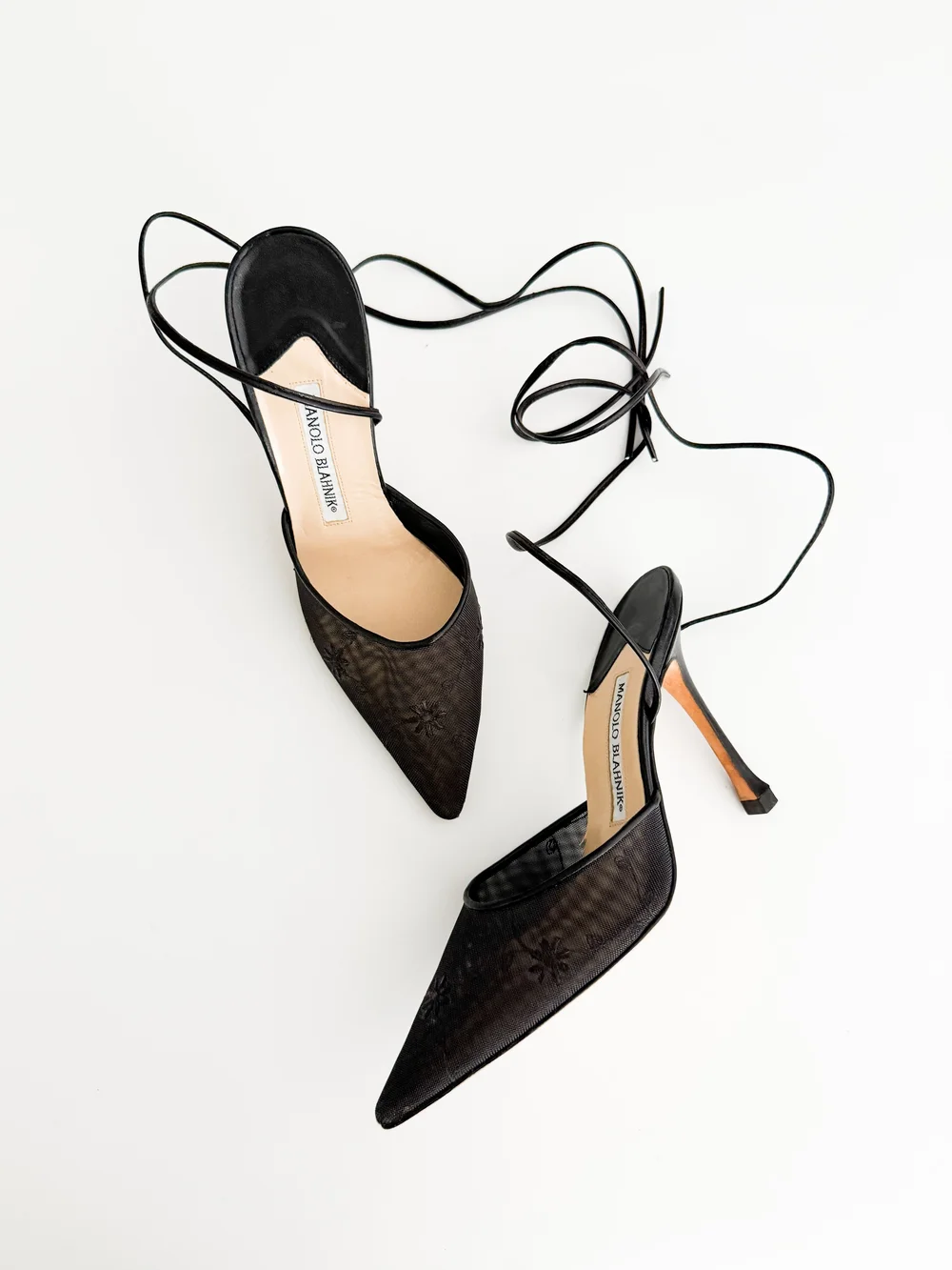 Manolo Blahnik Black Floral Embroidered Mule Ankle Wrap